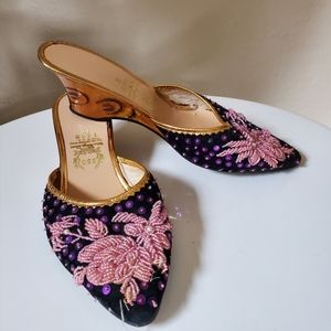 Vintage carved wood purple beaded Mules  6